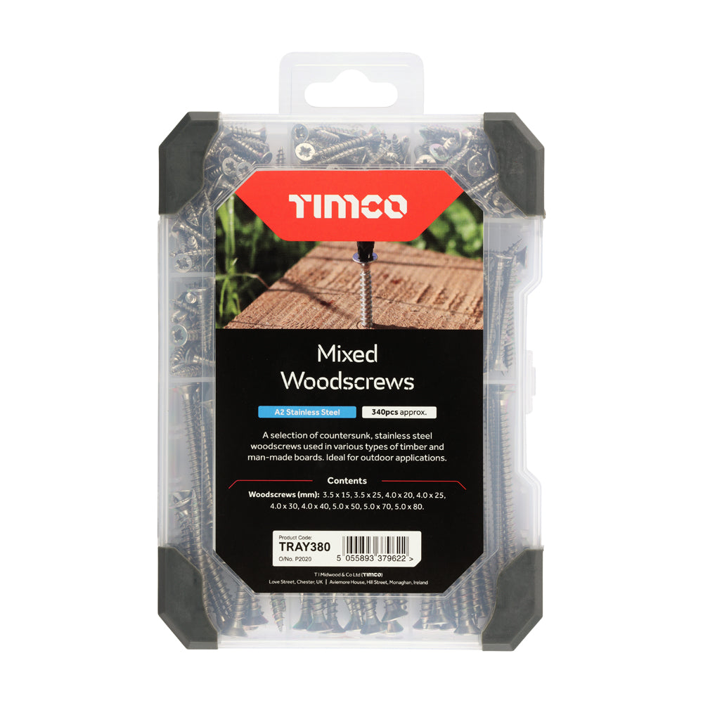 TIMCO Countersunk A2 Stainless Steel Woodscrews Mixed Tray - 340pcs - Image