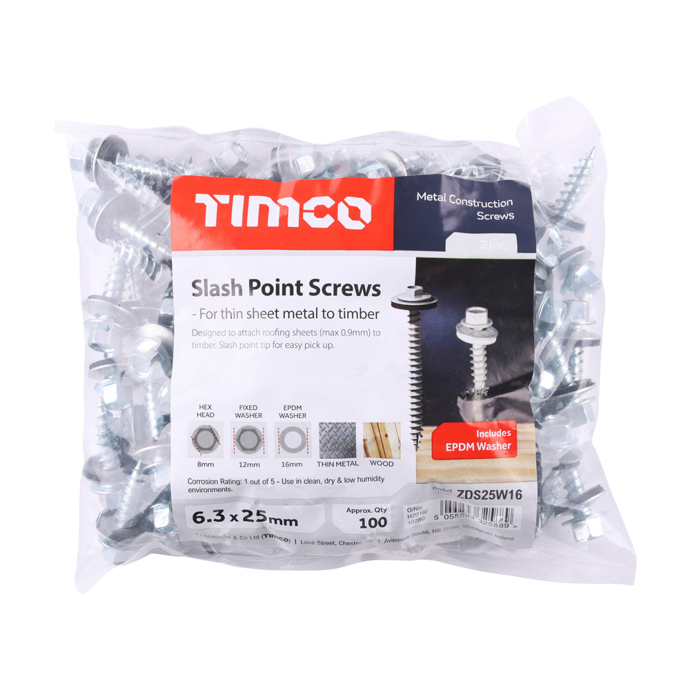 TIMCO Slash Point Sheet Metal to Timber Screws Silver with EPDM Washer - 6.3 x 25 - Image